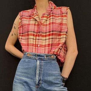 Vintage gingham button down western crop top pink and orange